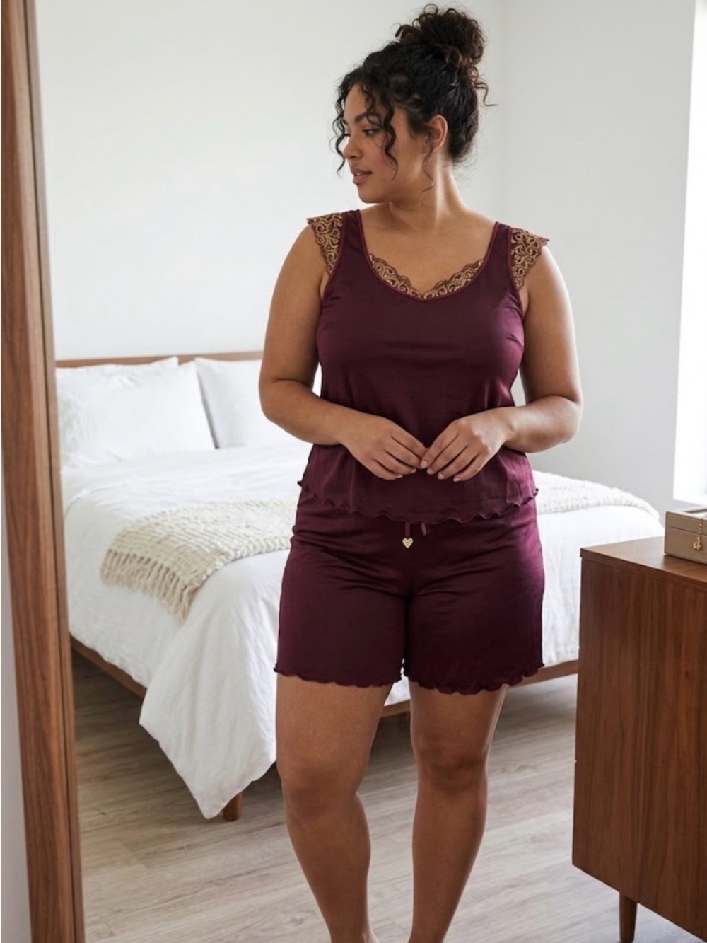 Lace-Trim Sleep Tank & Short Set - Burgundy